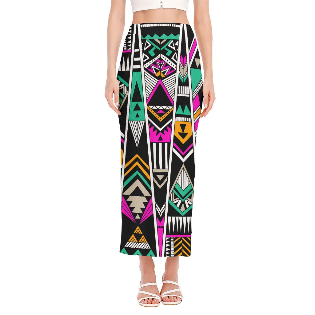 Vintage Tribal Aztec Pattern Print Side Slit Maxi Skirt