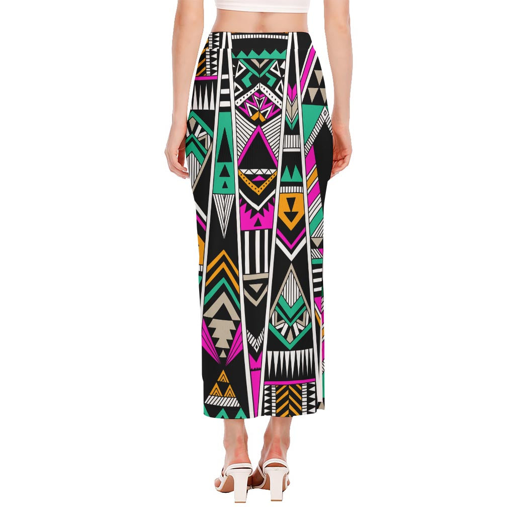 Vintage Tribal Aztec Pattern Print Side Slit Maxi Skirt