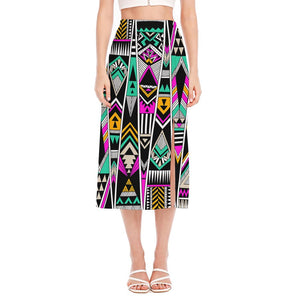 Vintage Tribal Aztec Pattern Print Side Slit Midi Skirt