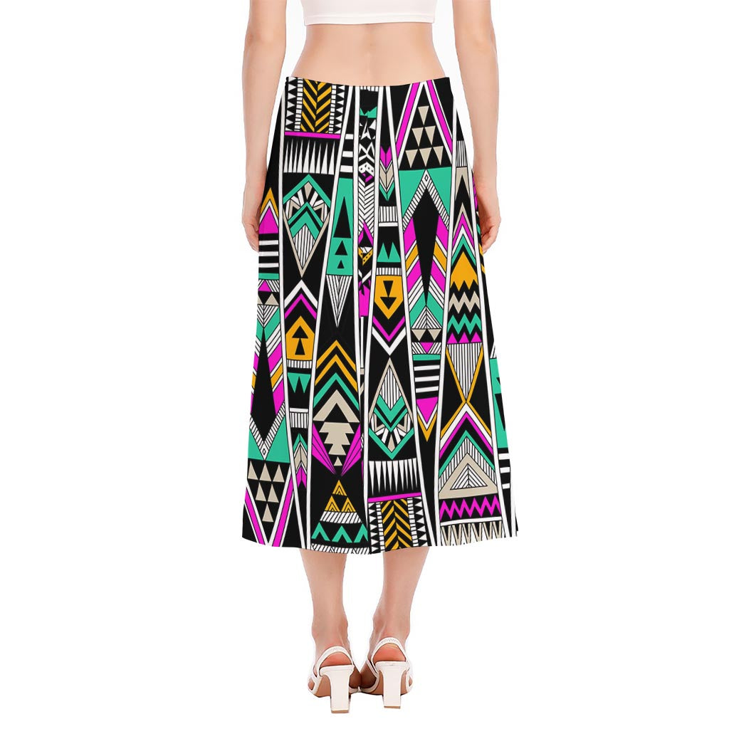 Vintage Tribal Aztec Pattern Print Side Slit Midi Skirt