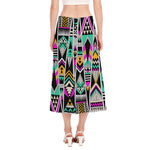 Vintage Tribal Aztec Pattern Print Side Slit Midi Skirt