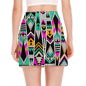 Vintage Tribal Aztec Pattern Print Side Slit Mini Skirt