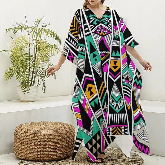 Vintage Tribal Aztec Pattern Print Silk V-Neck Kaftan Dress