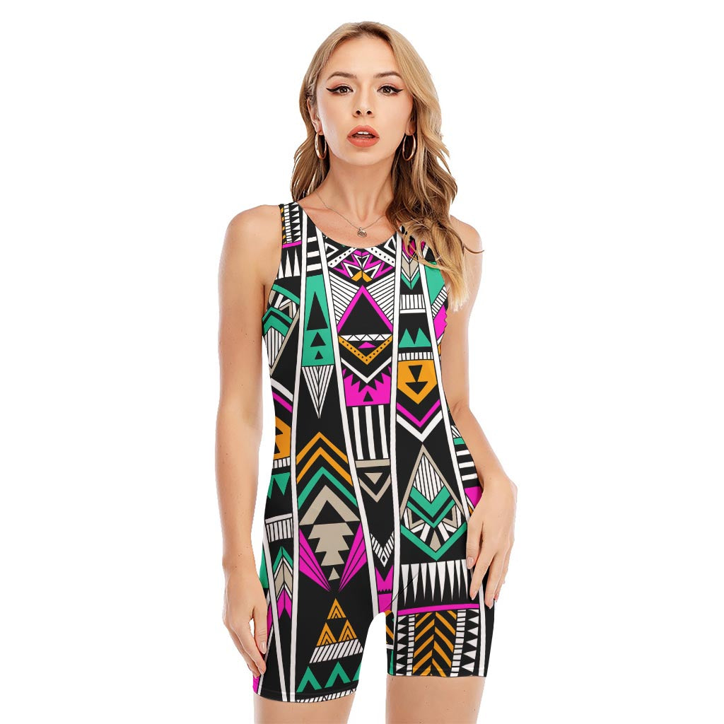 Vintage Tribal Aztec Pattern Print Sleeveless One Piece Swimsuit