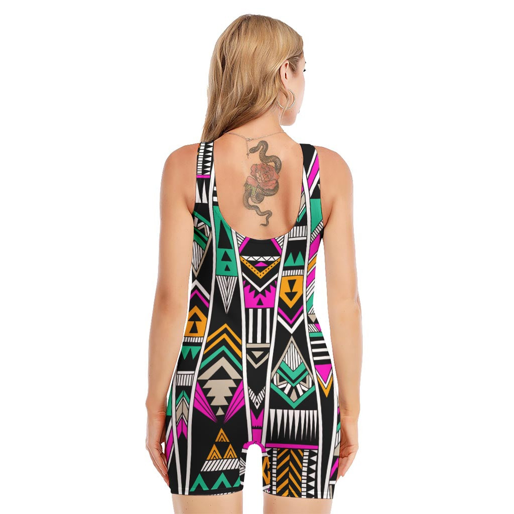 Vintage Tribal Aztec Pattern Print Sleeveless One Piece Swimsuit