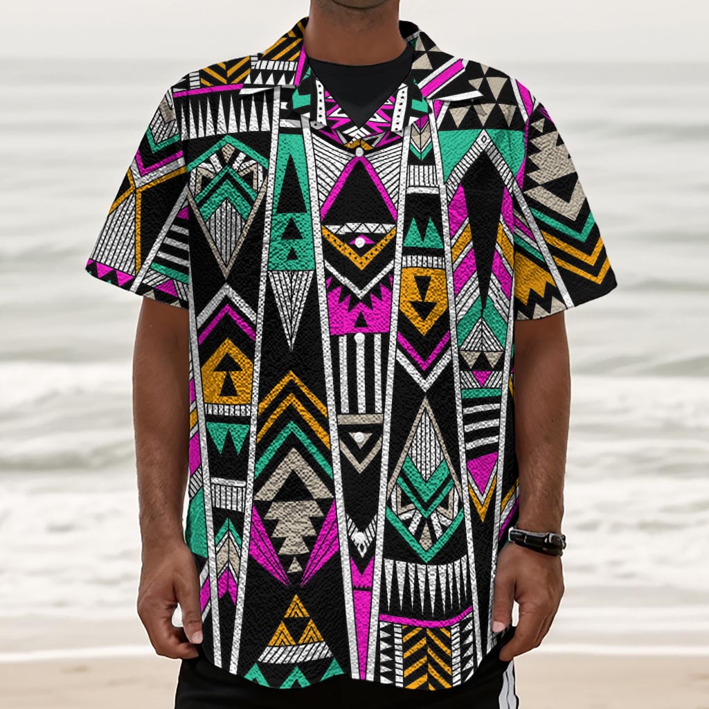 Vintage Tribal Aztec Pattern Print Textured Short Sleeve Shirt