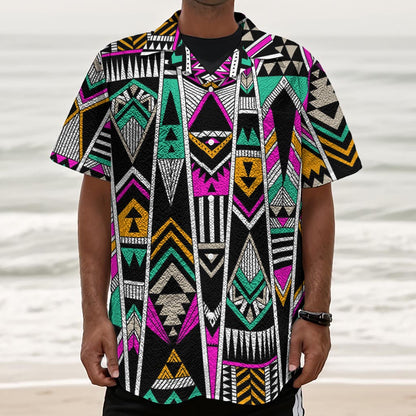 Vintage Tribal Aztec Pattern Print Textured Short Sleeve Shirt