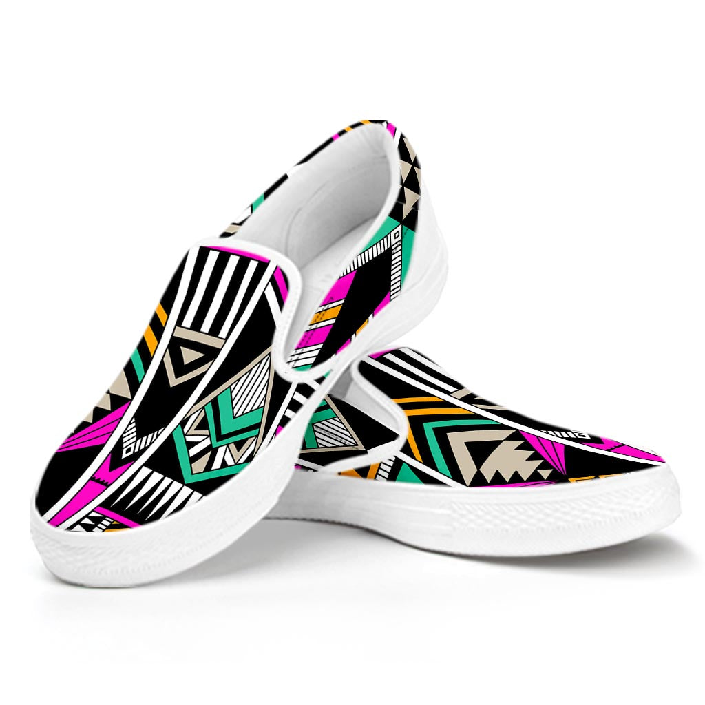 Vintage Tribal Aztec Pattern Print White Slip On Sneakers