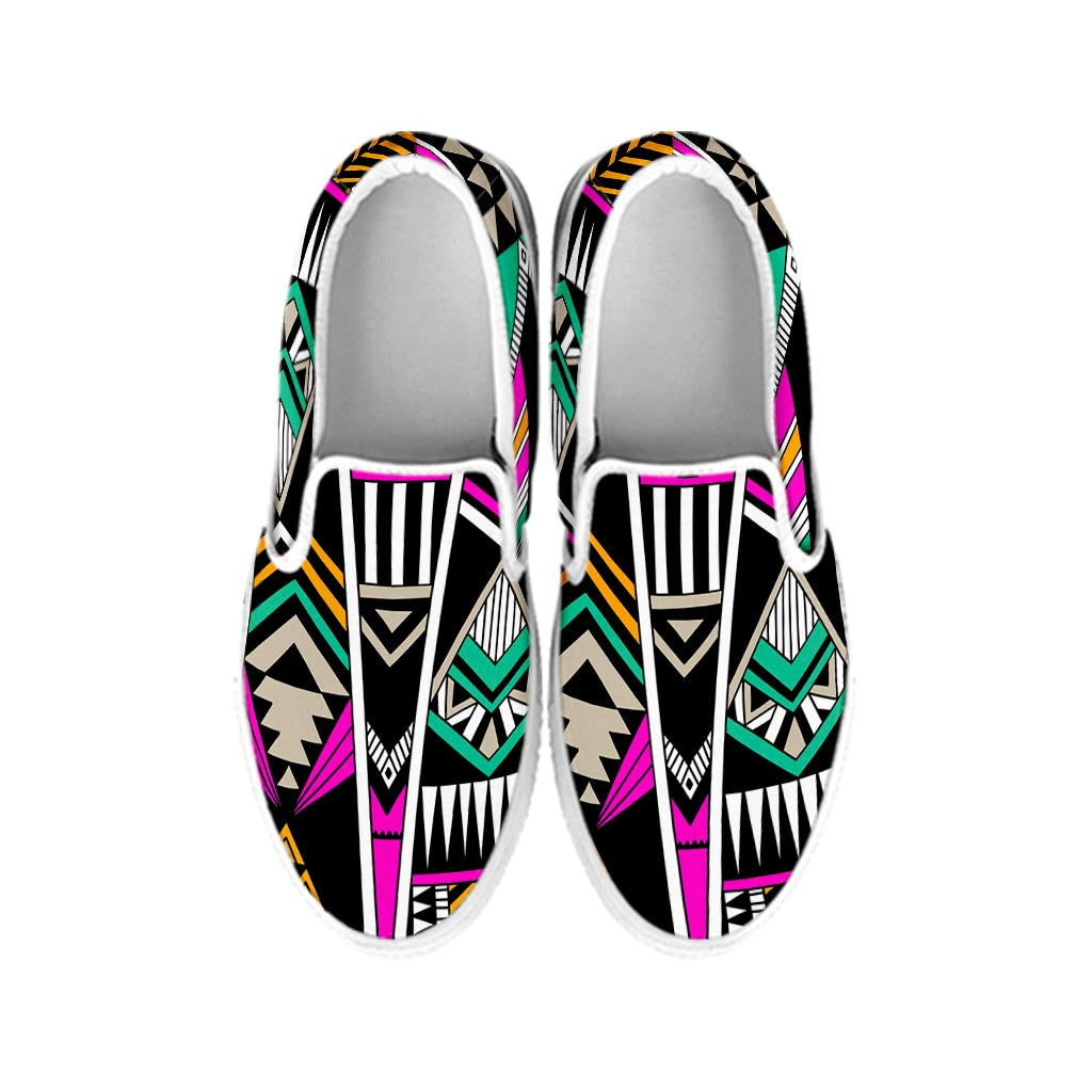 Vintage Tribal Aztec Pattern Print White Slip On Sneakers