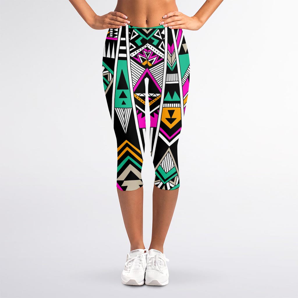 Vintage Tribal Aztec Pattern Print Women's Capri Leggings