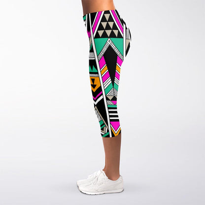 Vintage Tribal Aztec Pattern Print Women's Capri Leggings