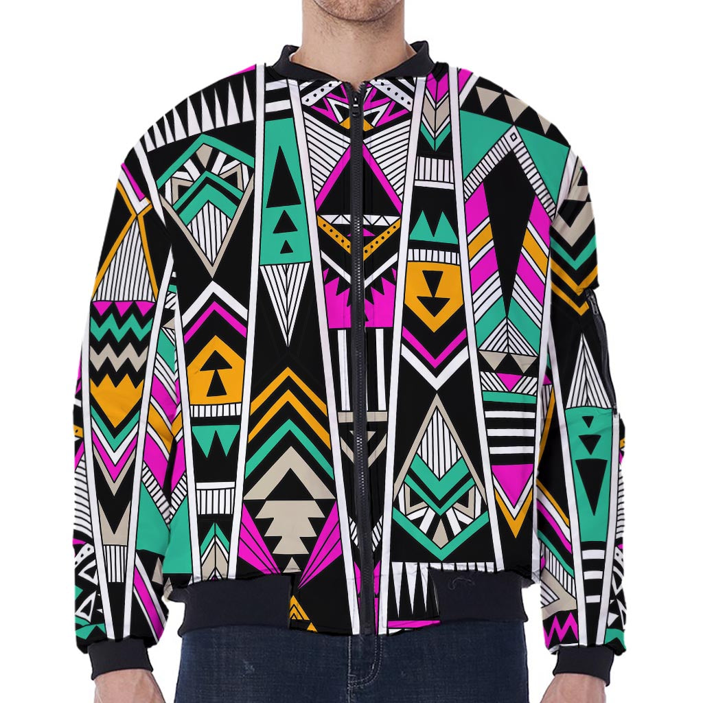 Vintage Tribal Aztec Pattern Print Zip Sleeve Bomber Jacket