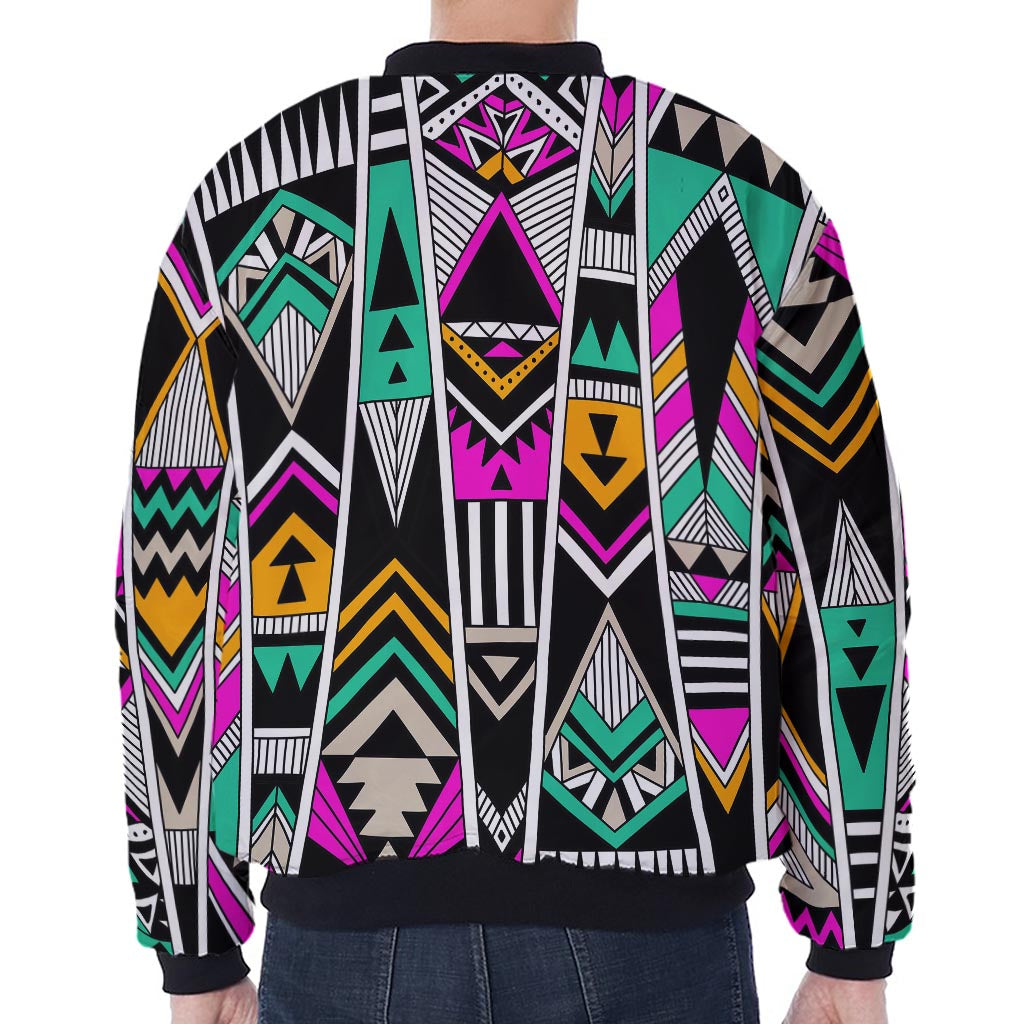 Vintage Tribal Aztec Pattern Print Zip Sleeve Bomber Jacket