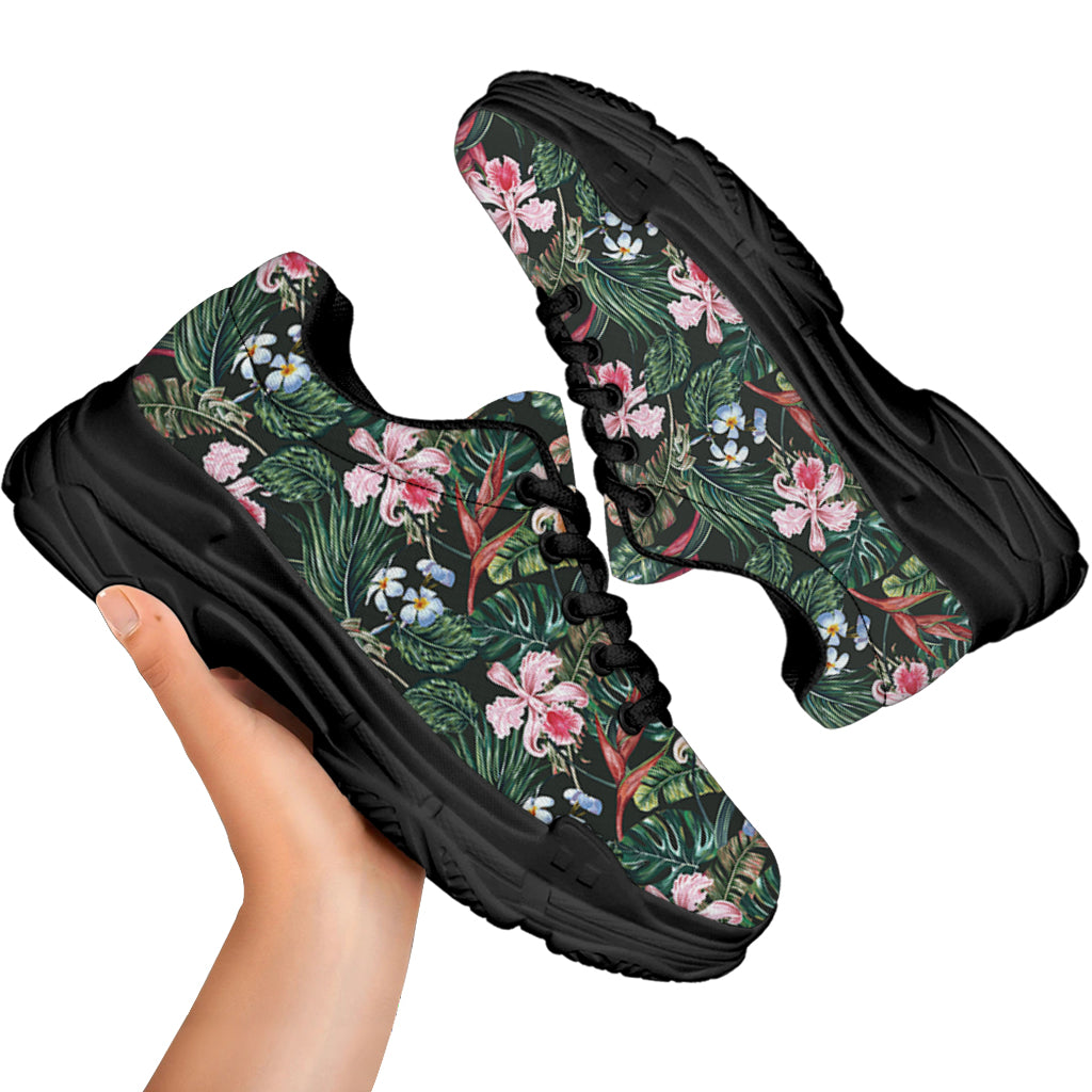 Vintage Tropical Exotic Hawaiian Print Black Chunky Shoes