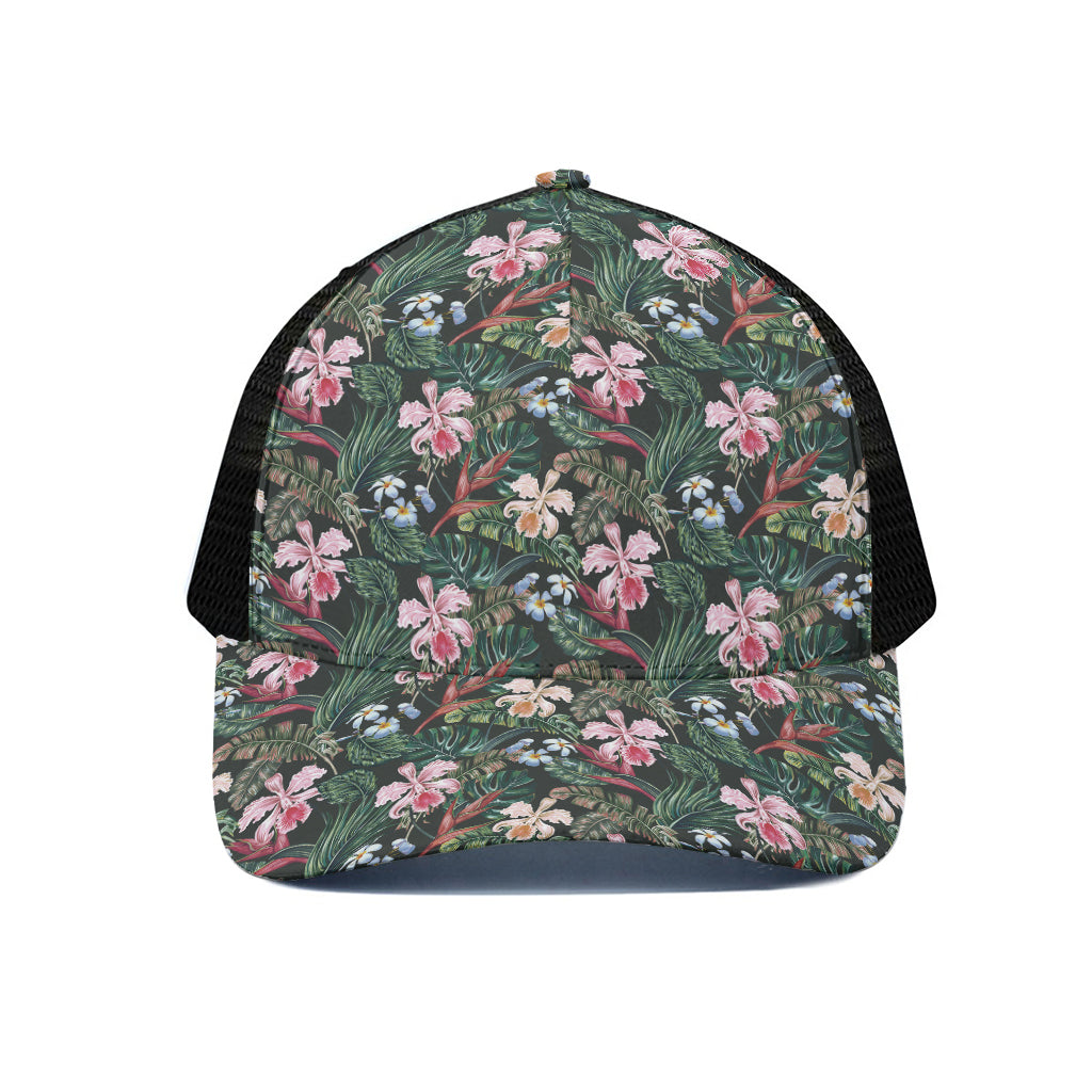 Vintage Tropical Exotic Hawaiian Print Black Mesh Trucker Cap
