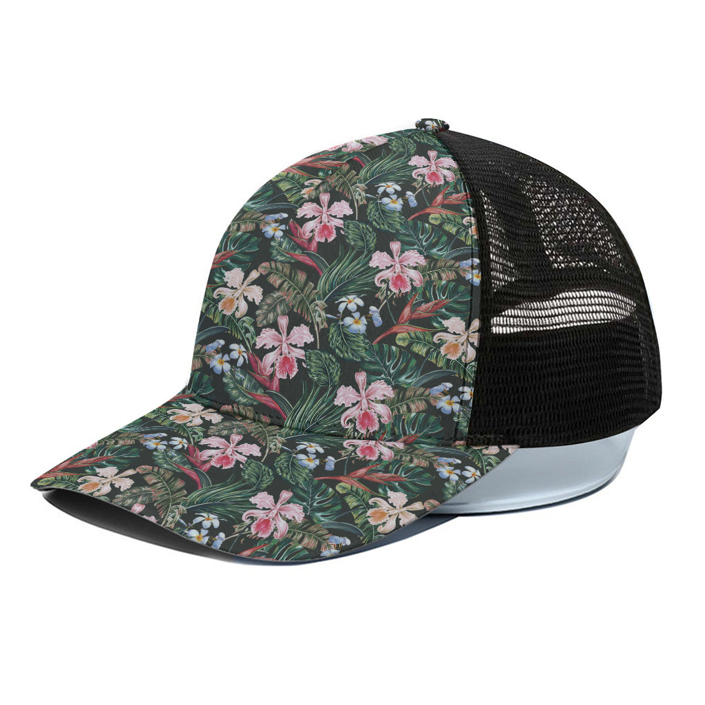 Vintage Tropical Exotic Hawaiian Print Black Mesh Trucker Cap
