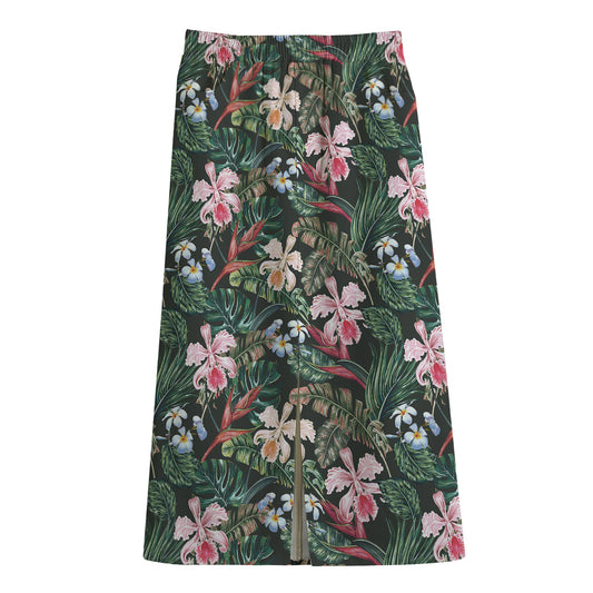 Vintage Tropical Exotic Hawaiian Print Cotton Front Slit Maxi Skirt