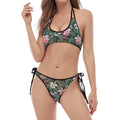 Vintage Tropical Exotic Hawaiian Print Halter Scoop Tie Side Bikini