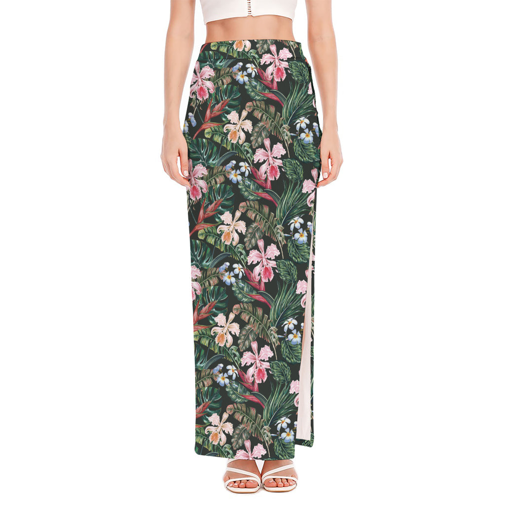 Vintage Tropical Exotic Hawaiian Print High Slit Maxi Skirt