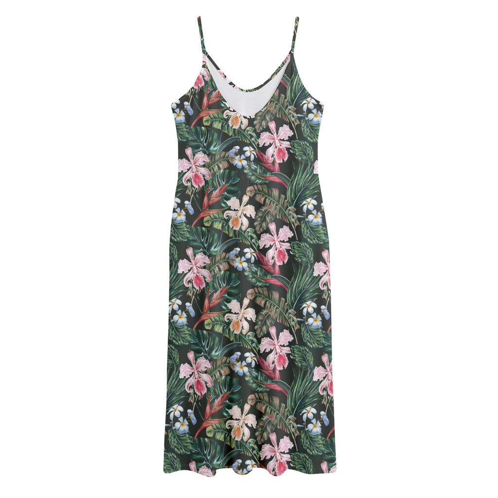 Vintage Tropical Exotic Hawaiian Print Jersey Midi Cami Dress