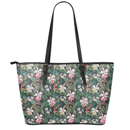 Vintage Tropical Exotic Hawaiian Print Leather Tote Bag