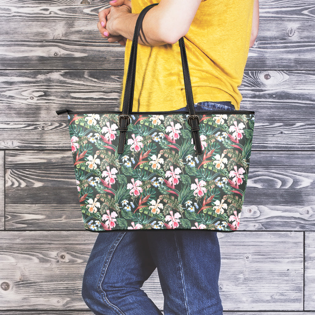 Vintage Tropical Exotic Hawaiian Print Leather Tote Bag
