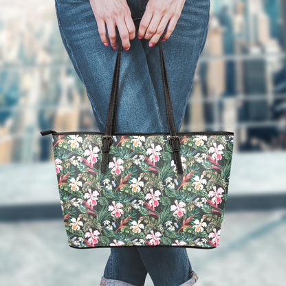 Vintage Tropical Exotic Hawaiian Print Leather Tote Bag