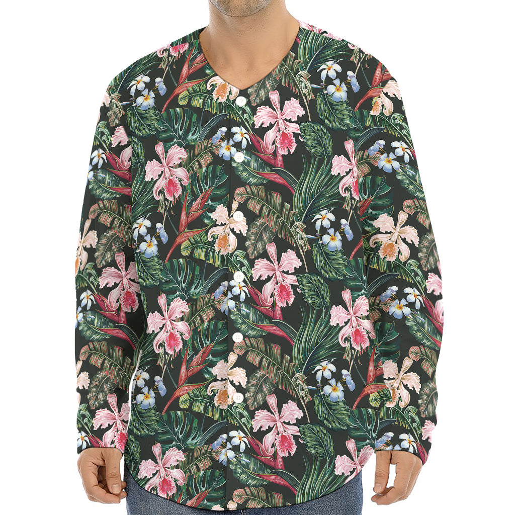 Vintage Tropical Exotic Hawaiian Print Long Sleeve Baseball Jersey