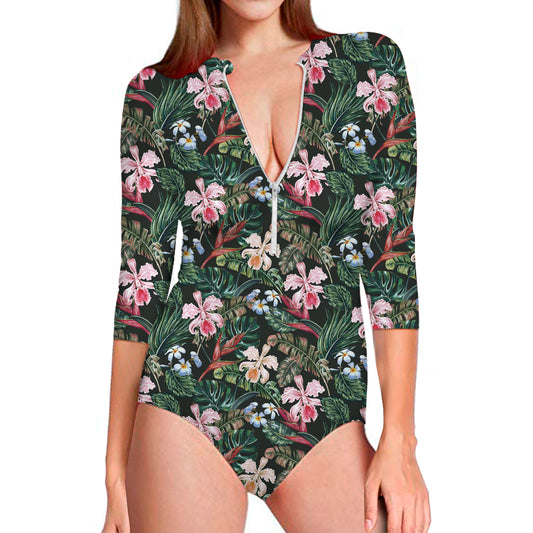 Vintage Tropical Exotic Hawaiian Print Long Sleeve Swimsuit