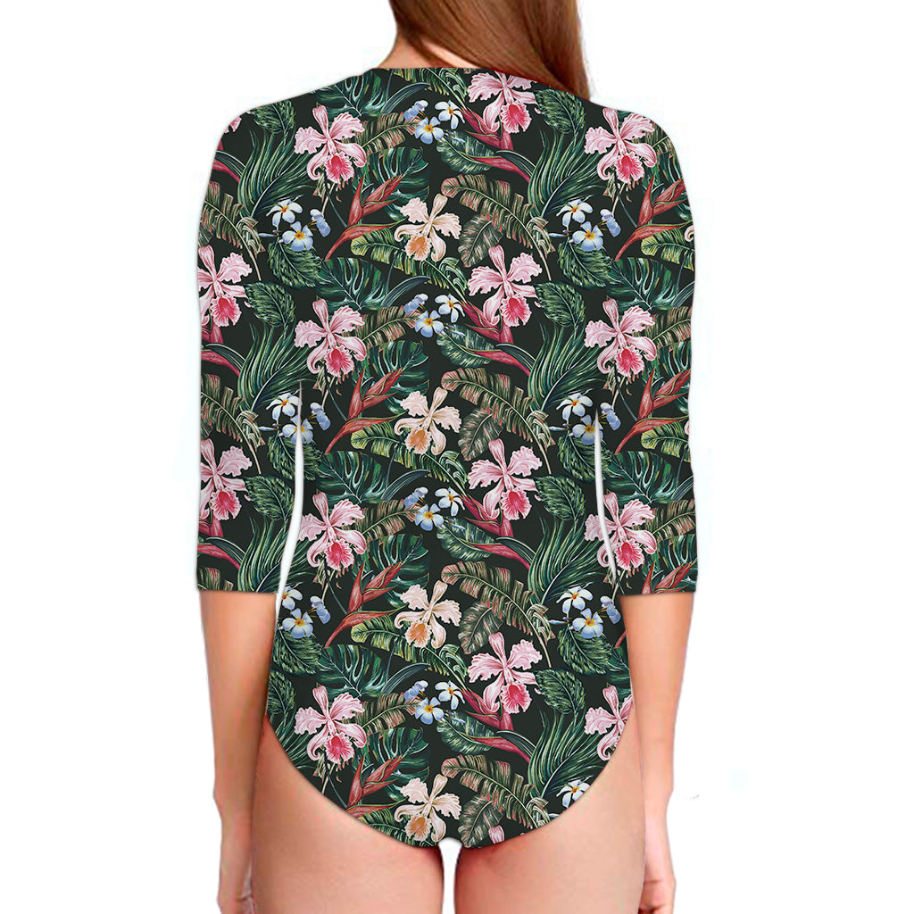 Vintage Tropical Exotic Hawaiian Print Long Sleeve Swimsuit