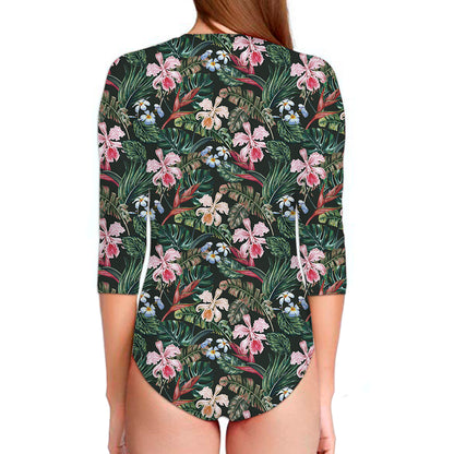 Vintage Tropical Exotic Hawaiian Print Long Sleeve Swimsuit