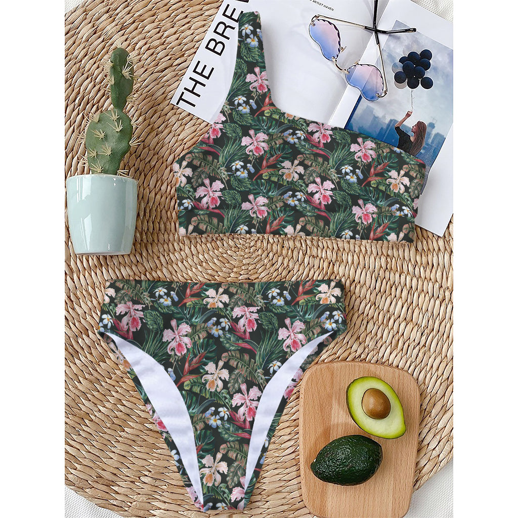 Vintage Tropical Exotic Hawaiian Print One Shoulder Bikini Top