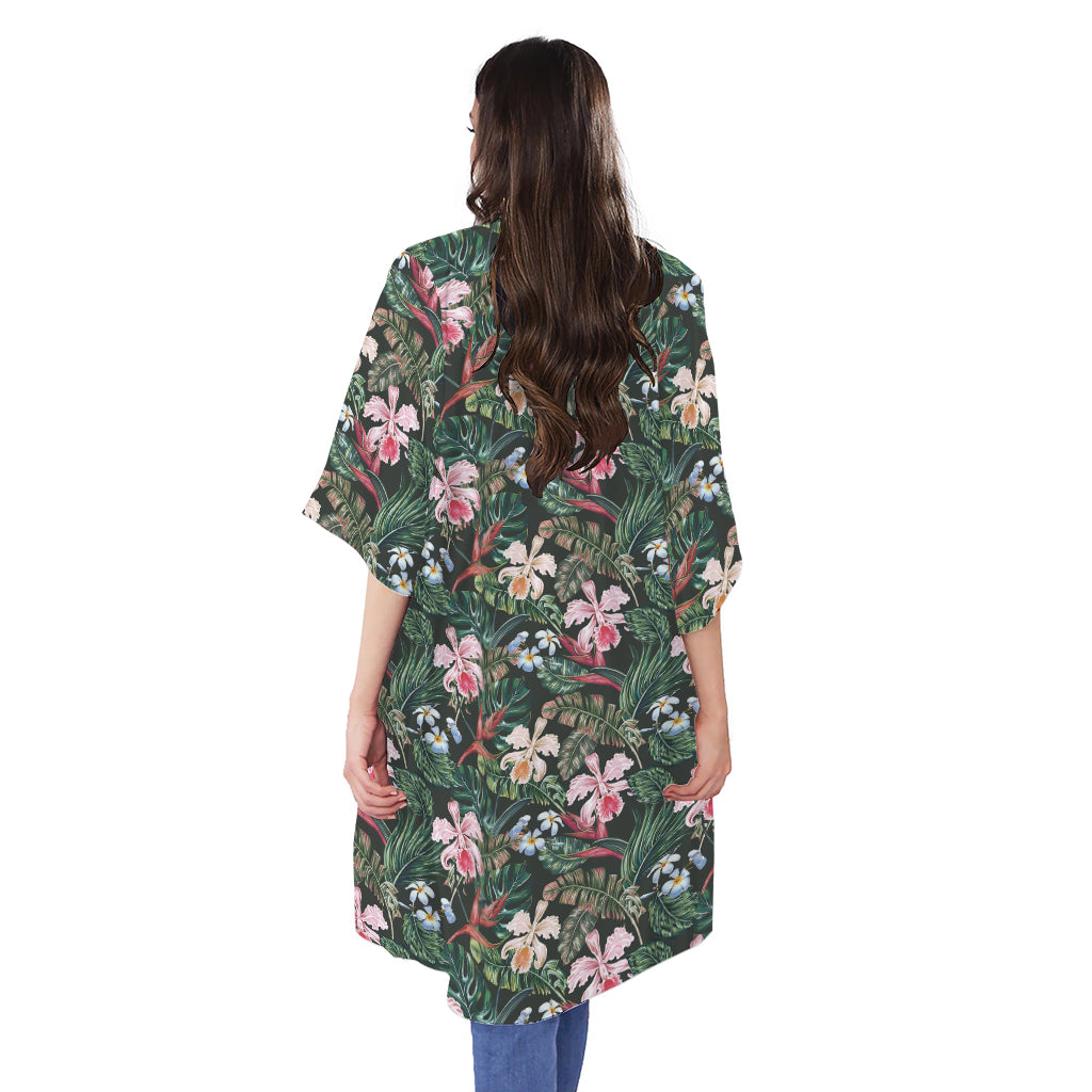 Vintage Tropical Exotic Hawaiian Print Open Front Beach Cover Up