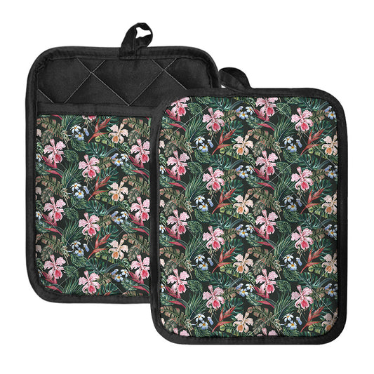 Vintage Tropical Exotic Hawaiian Print Pot Holders With Pocket