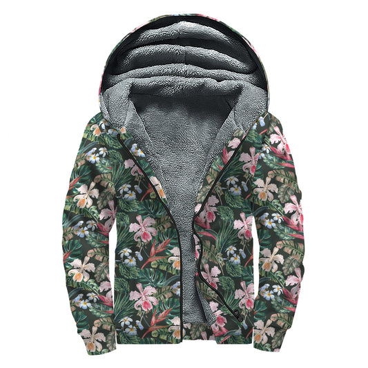 Vintage Tropical Exotic Hawaiian Print Sherpa Lined Zip Up Hoodie
