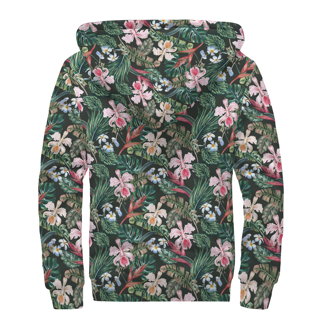 Vintage Tropical Exotic Hawaiian Print Sherpa Lined Zip Up Hoodie