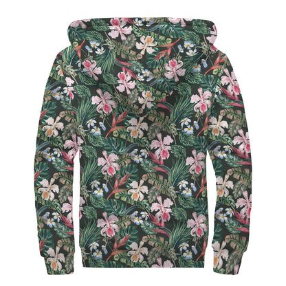 Vintage Tropical Exotic Hawaiian Print Sherpa Lined Zip Up Hoodie