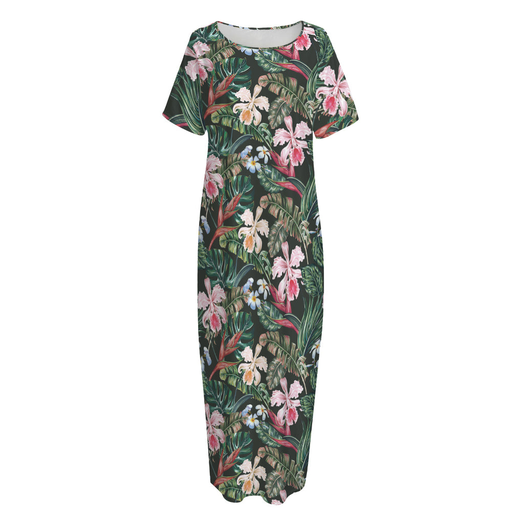 Vintage Tropical Exotic Hawaiian Print Short Sleeve Long Nightdress