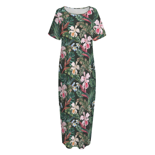 Vintage Tropical Exotic Hawaiian Print Short Sleeve Long Nightdress