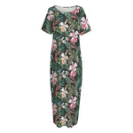 Vintage Tropical Exotic Hawaiian Print Short Sleeve Long Nightdress