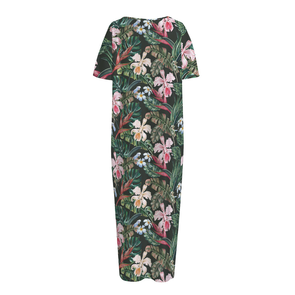 Vintage Tropical Exotic Hawaiian Print Short Sleeve Long Nightdress