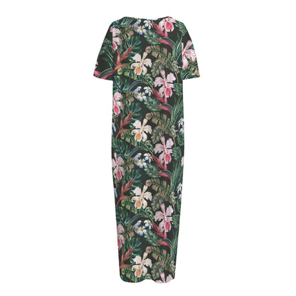 Vintage Tropical Exotic Hawaiian Print Short Sleeve Long Nightdress