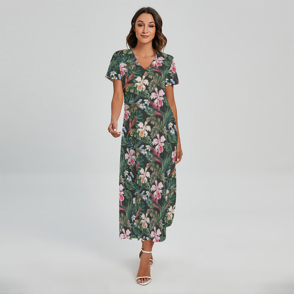 Vintage Tropical Exotic Hawaiian Print Short Sleeve Maxi Dress
