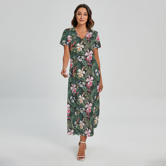 Vintage Tropical Exotic Hawaiian Print Short Sleeve Maxi Dress