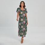 Vintage Tropical Exotic Hawaiian Print Short Sleeve Maxi Dress