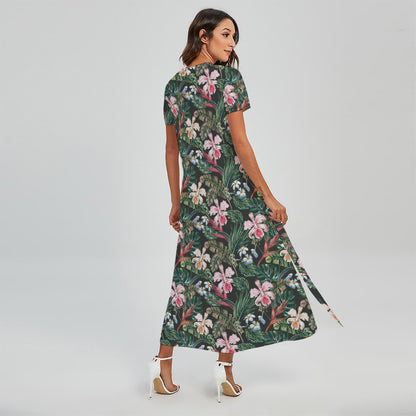 Vintage Tropical Exotic Hawaiian Print Short Sleeve Maxi Dress