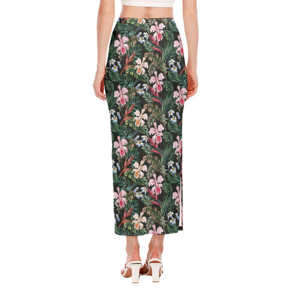 Vintage Tropical Exotic Hawaiian Print Side Slit Maxi Skirt