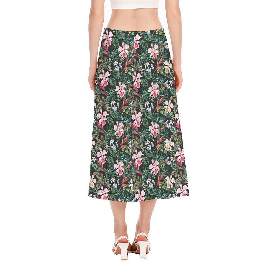 Vintage Tropical Exotic Hawaiian Print Side Slit Midi Skirt