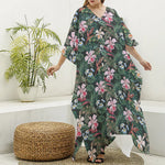 Vintage Tropical Exotic Hawaiian Print Silk V-Neck Kaftan Dress
