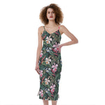 Vintage Tropical Exotic Hawaiian Print Slim Fit Midi Cami Dress